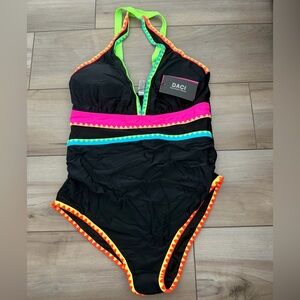 Black One Piece Swimsuit with Neon Trim